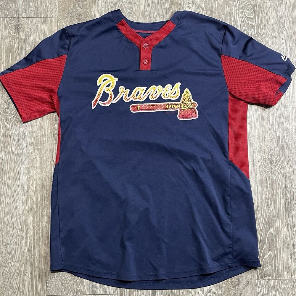 Majestic Cool Base Size L Atlanta Braves Men’s Blue Red MLB Baseball Jersey